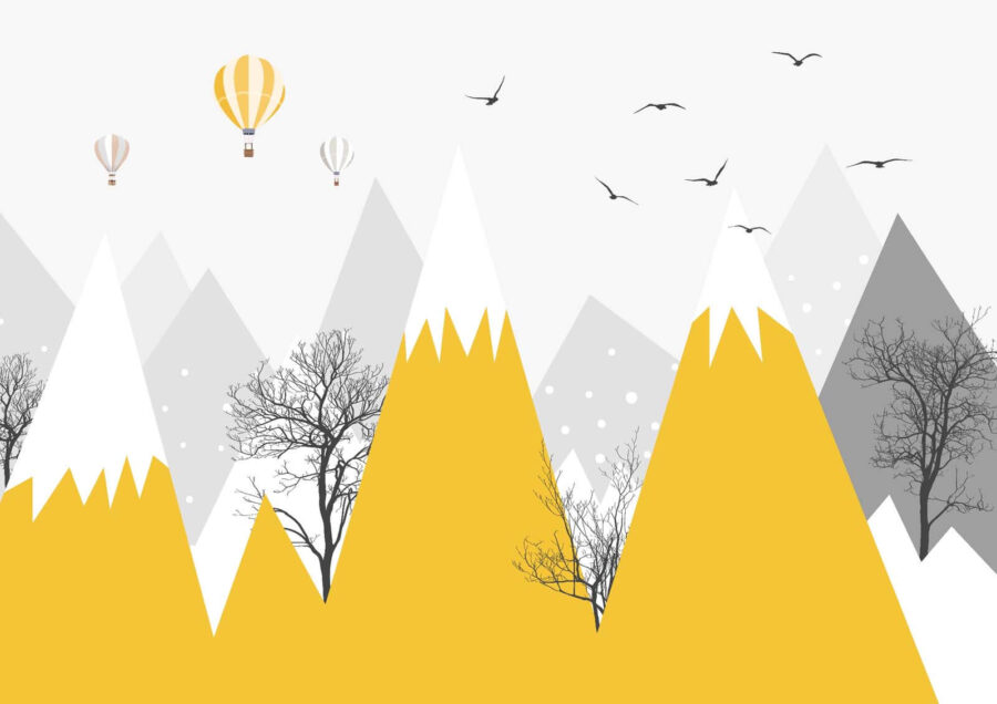 Yellow mountains with trees and birds