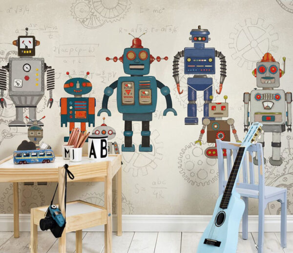 Group of robots with math equations Group of robots with math equations