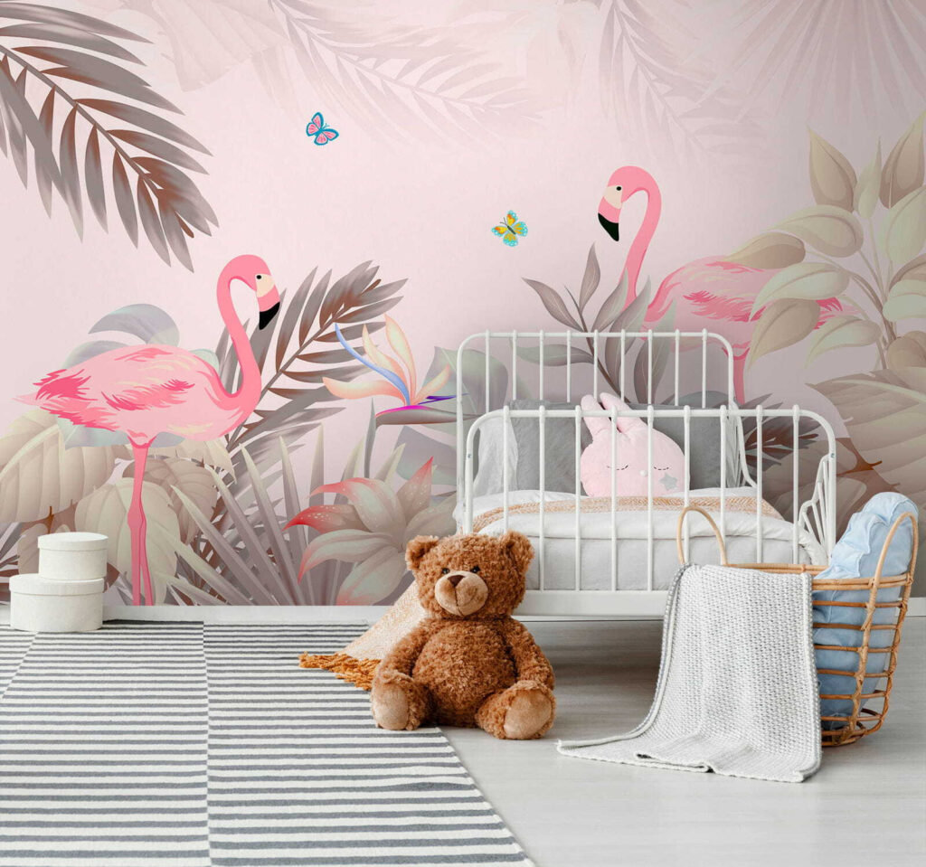 Pink flamingos and flowers