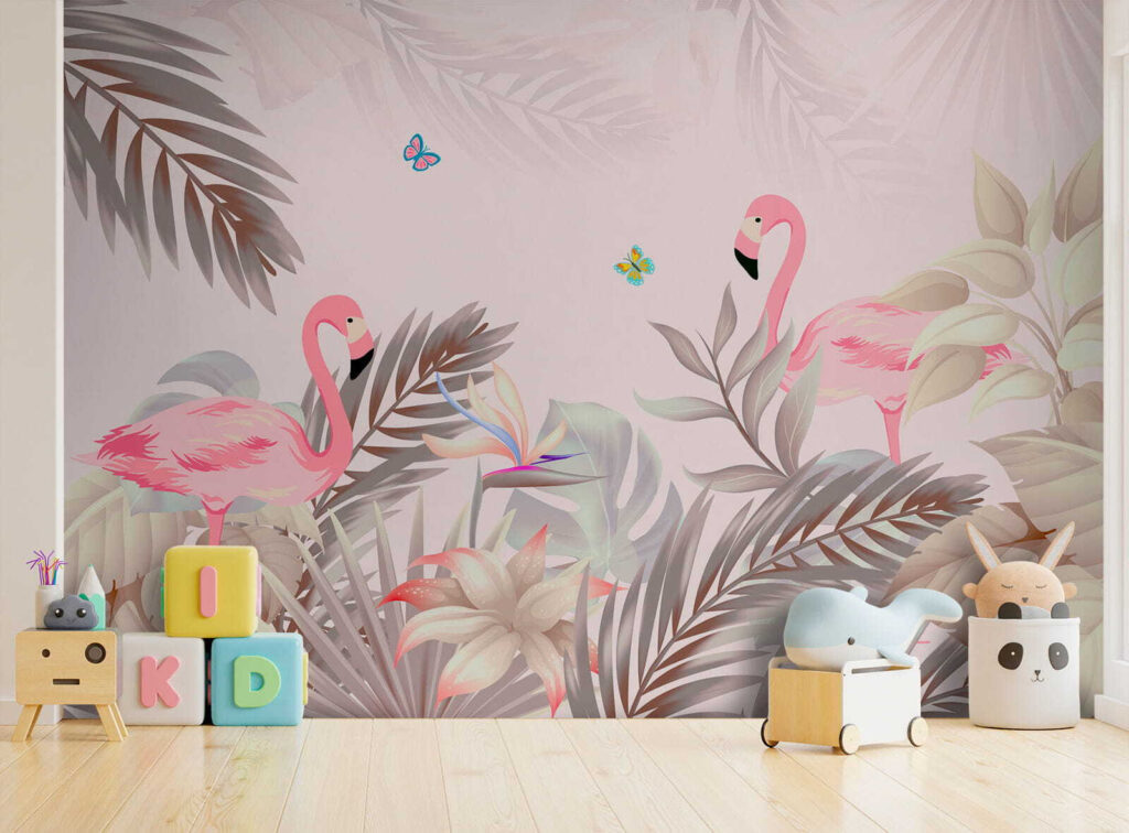 Pink flamingos and flowers