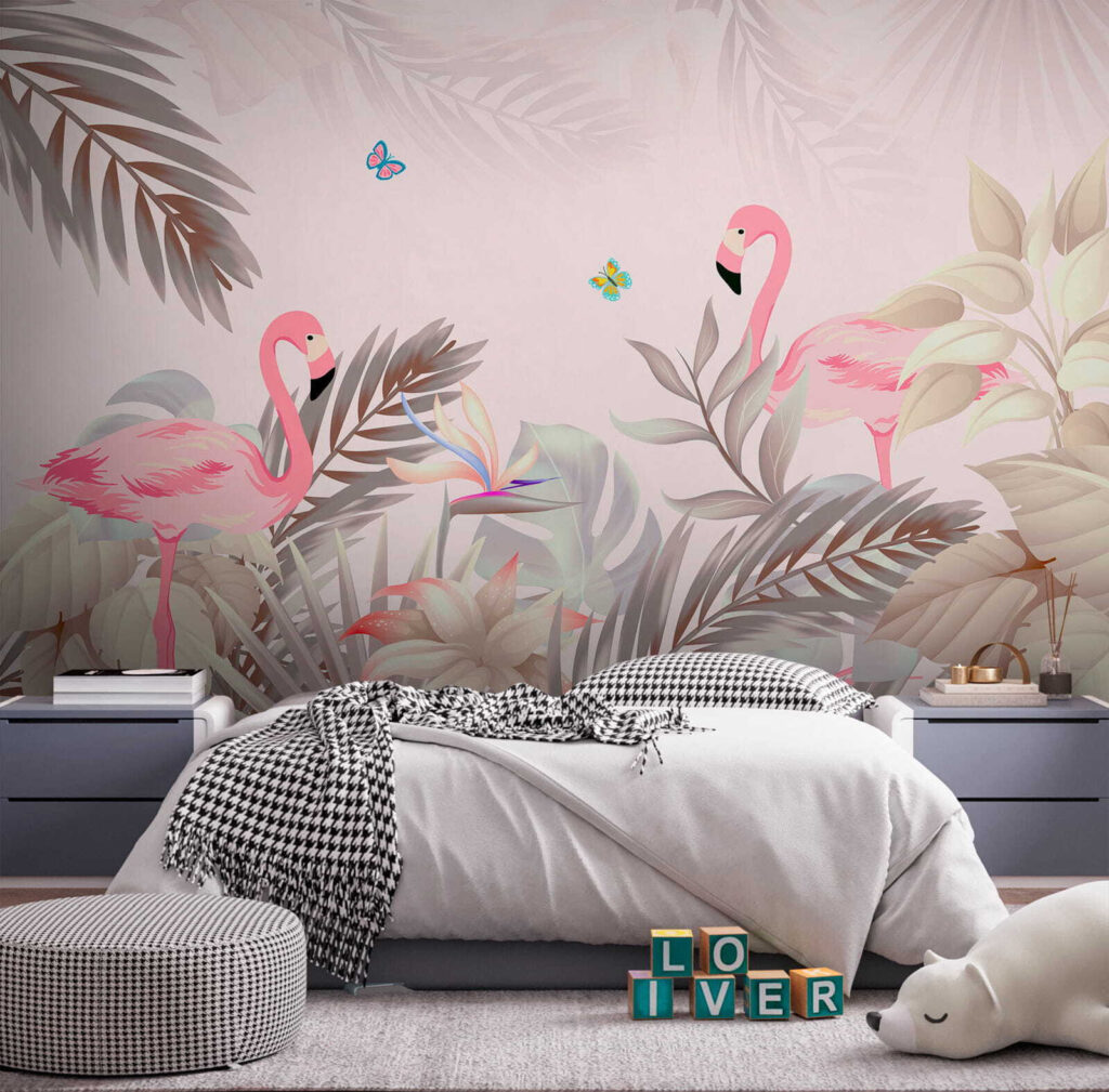 Pink flamingos and flowers