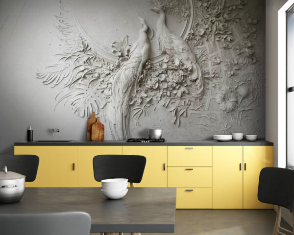White wall with a couple of birds and flowers White wall with a couple of birds and flowers