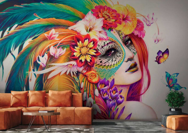 Woman with colorful feathers and flowers Woman with colorful feathers and flowers