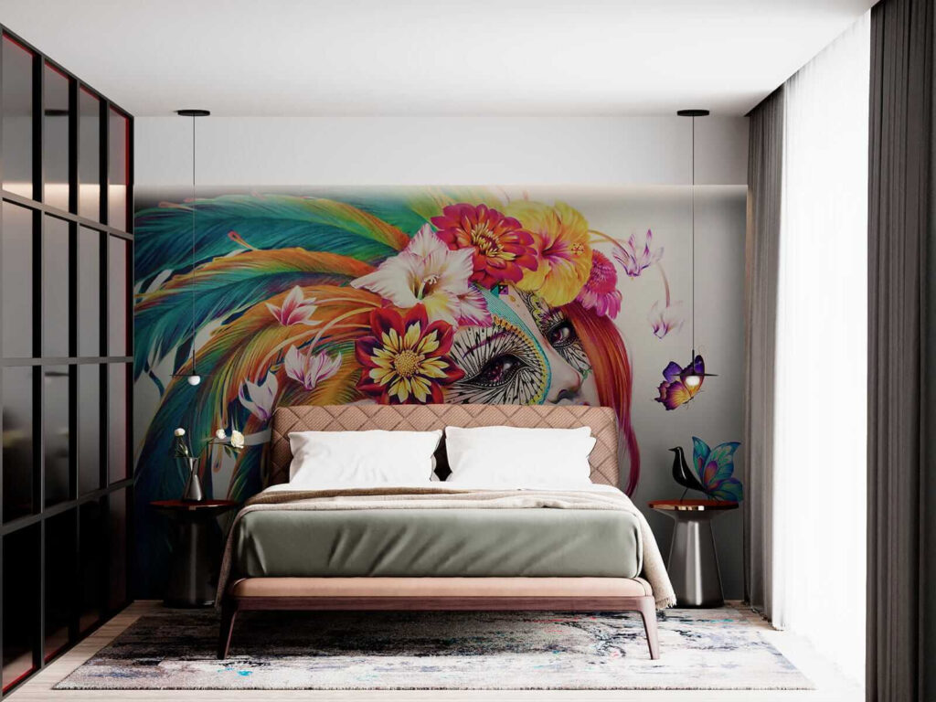 Woman with colorful feathers and flowers Woman with colorful feathers and flowers