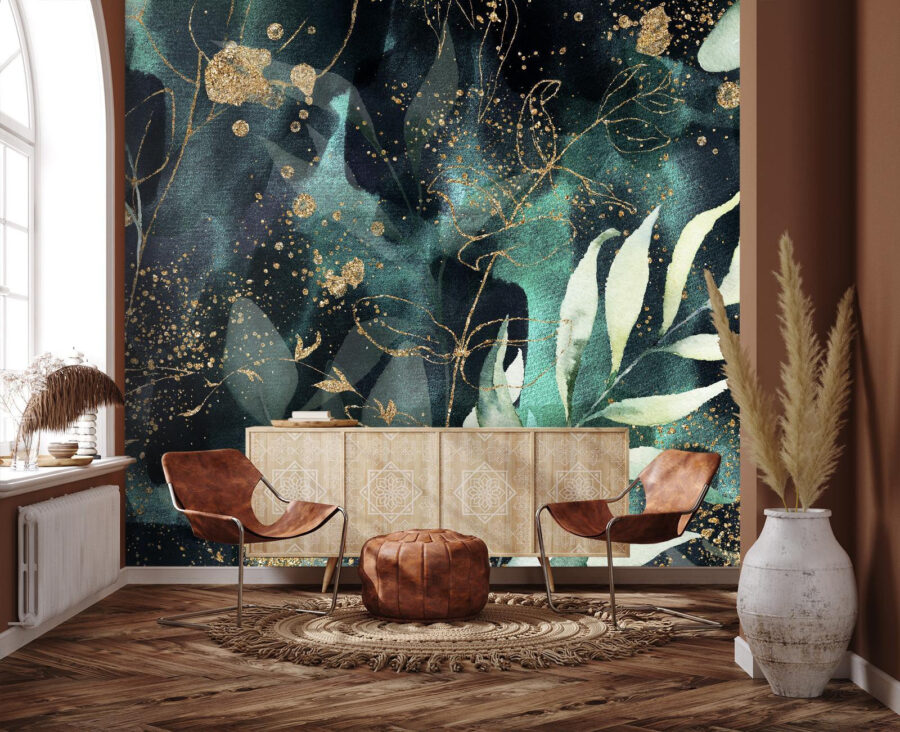 Wall murals Elegant teal foliage with shimmering accents.