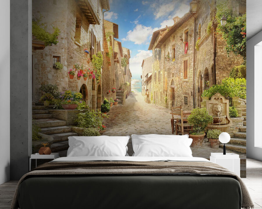 Stone street with stone buildings and plants