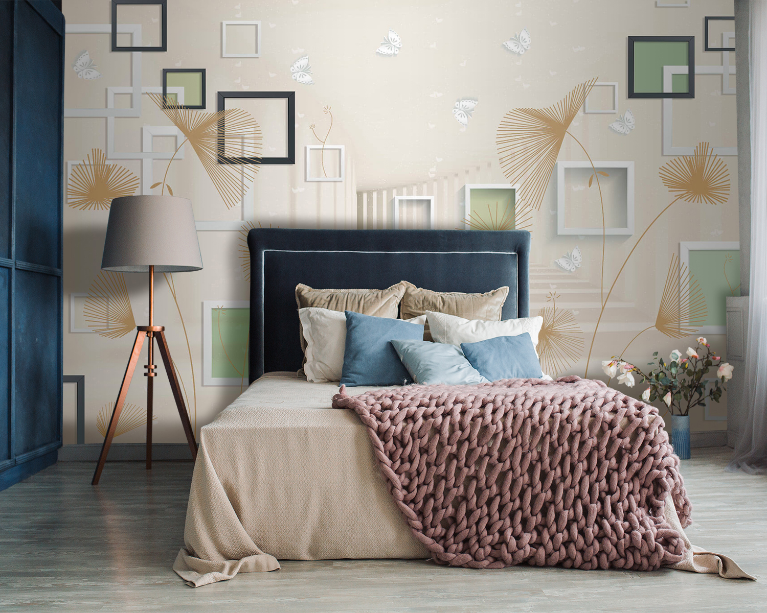 u40860pib87m - Wallpaper with white and brown flowers and butterflies - tegory
