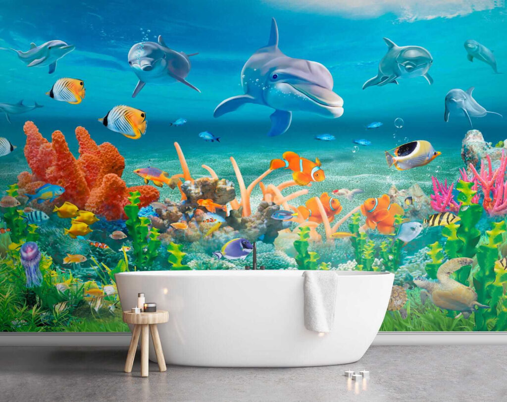 Group of fish and dolphins swimming in the ocean Group of fish and dolphins swimming in the ocean