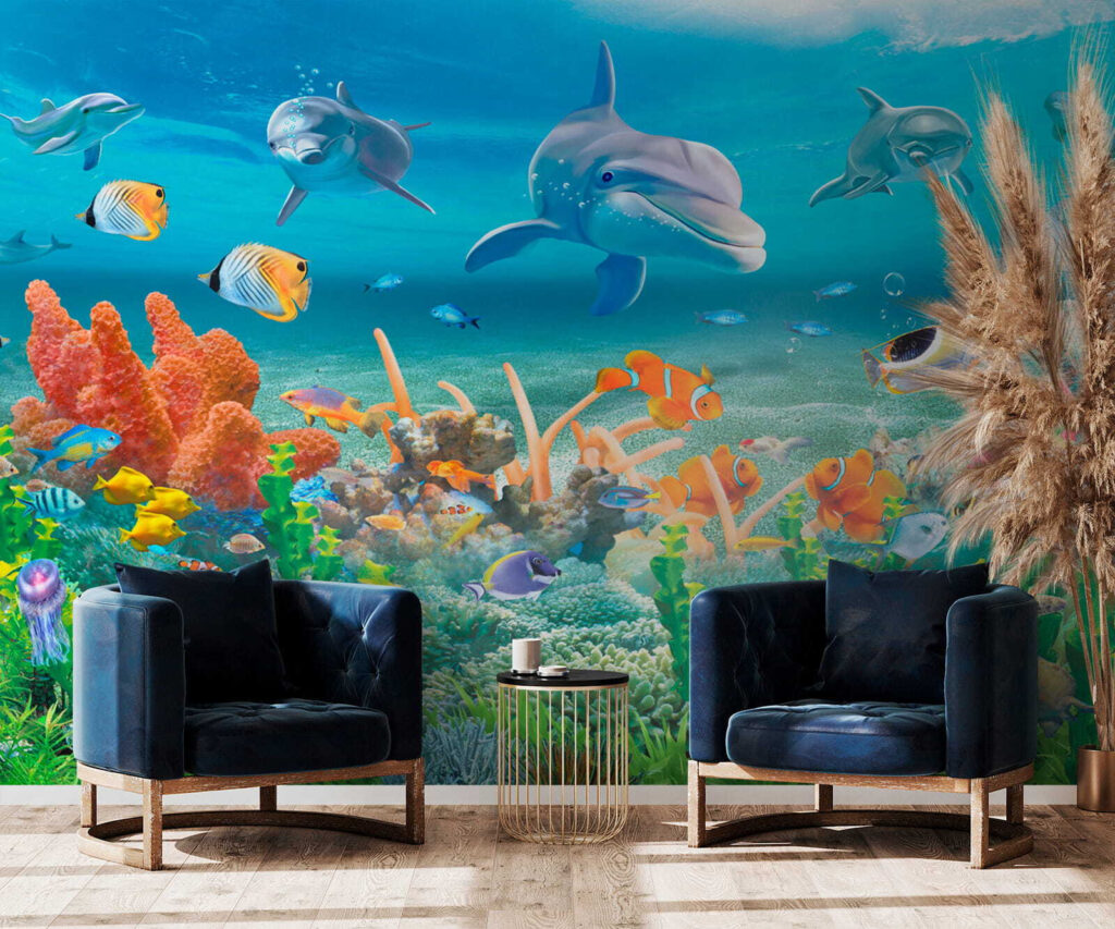 Group of fish and dolphins swimming in the ocean Group of fish and dolphins swimming in the ocean