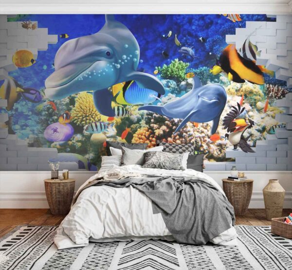 Mural of a fish and dolphins u40459pib3 600x555 - Mural of a fish and dolphins - tegory