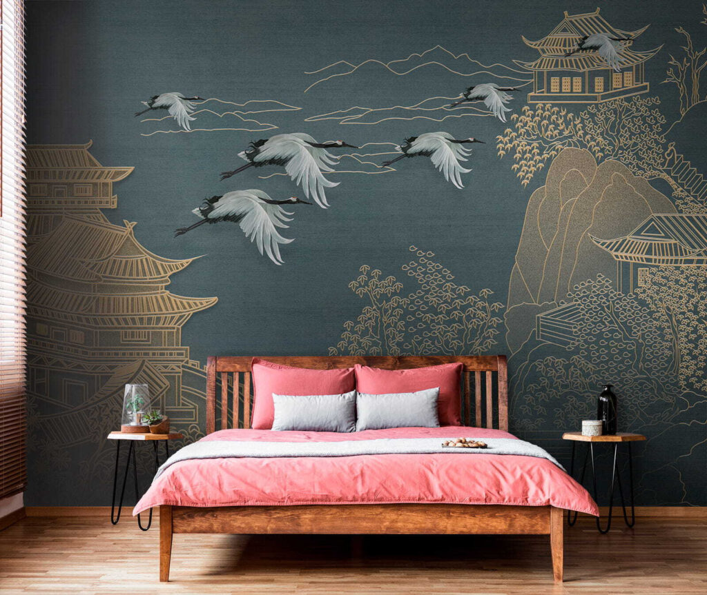 Painting of a landscape with cranes flying over a building