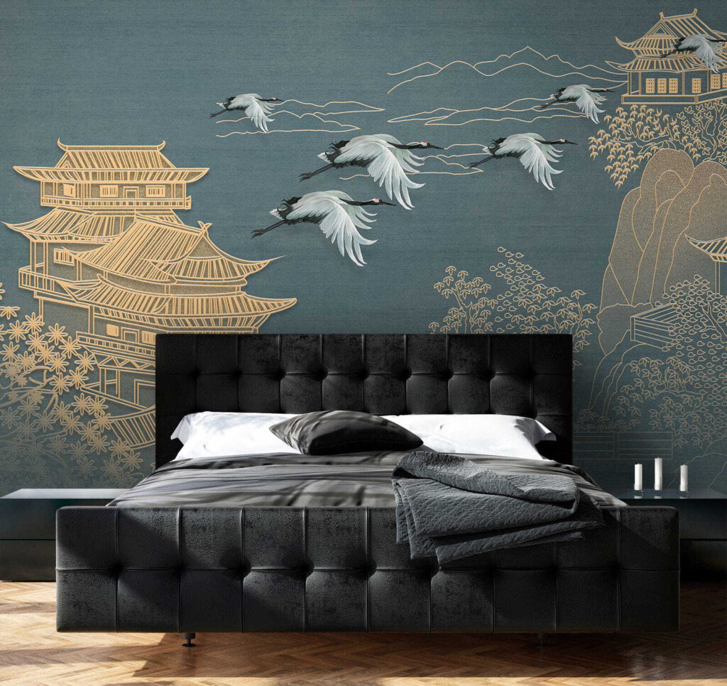 Painting of a landscape with cranes flying over a building