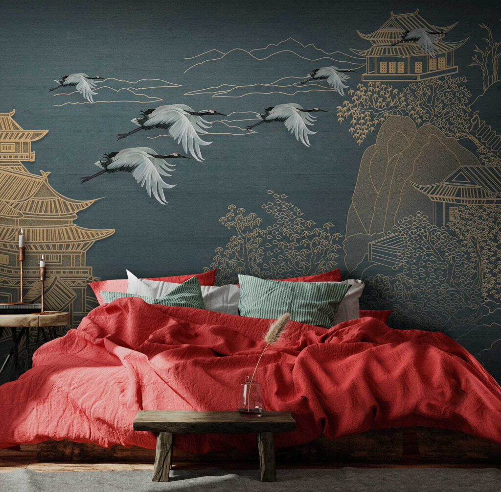Painting of a landscape with cranes flying over a building