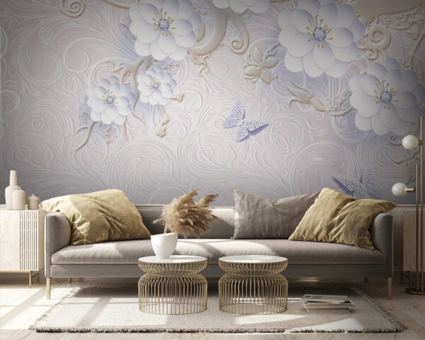 Wallpaper with white flowers and butterflies