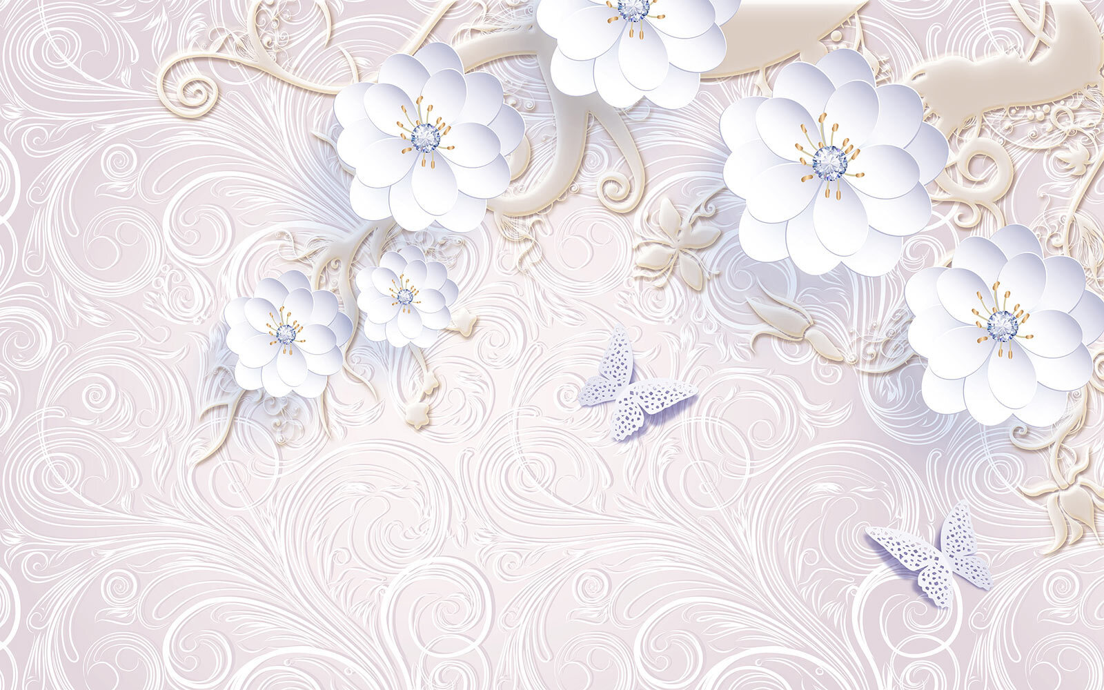 Wallpaper with white flowers and butterflies u38554p - Wallpaper with white flowers and butterflies - tegory