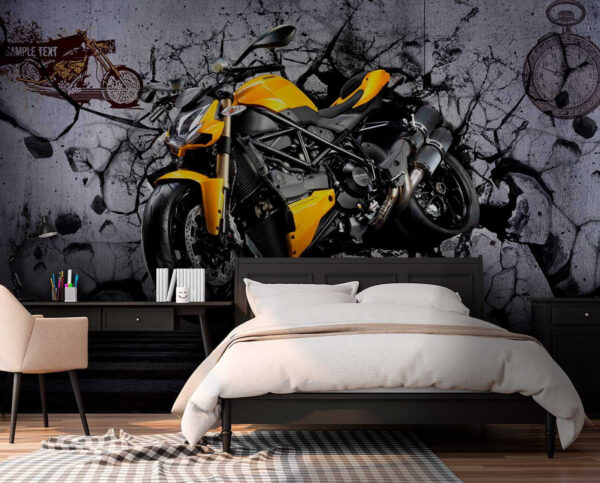 Yellow motorcycle on a wall u37780pib1m 600x483 - Yellow motorcycle on a wall