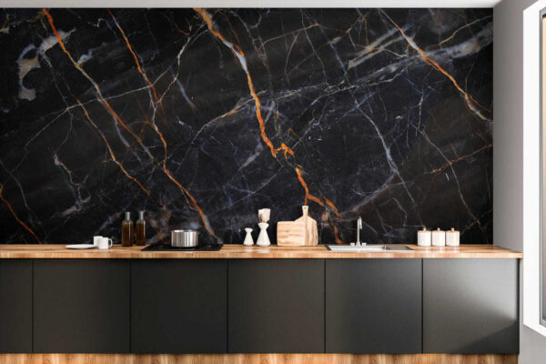 Black marble with fiery orange veins. Black marble with fiery orange veins.