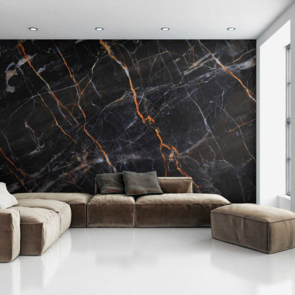 Black marble with fiery orange veins. Black marble with fiery orange veins.