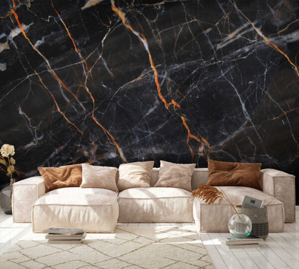 Black marble with fiery orange veins. Black marble with fiery orange veins.