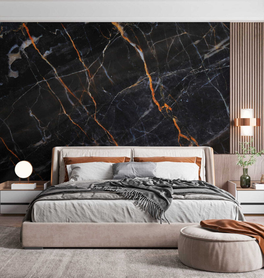 Black marble with fiery orange veins. Black marble with fiery orange veins.