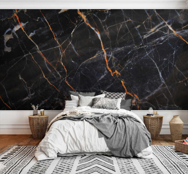 Black marble with fiery orange veins. Black marble with fiery orange veins.