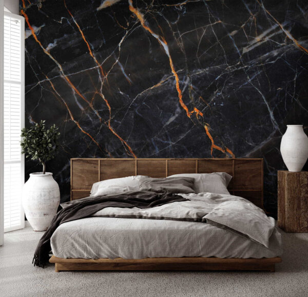 Black marble with fiery orange veins. Black marble with fiery orange veins.