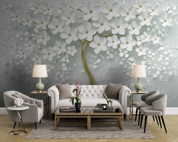 Tree with white flowers on a grey background Tree with white flowers on a grey background
