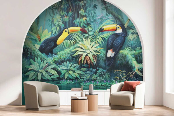 Painting of birds in a forest Painting of birds in a forest