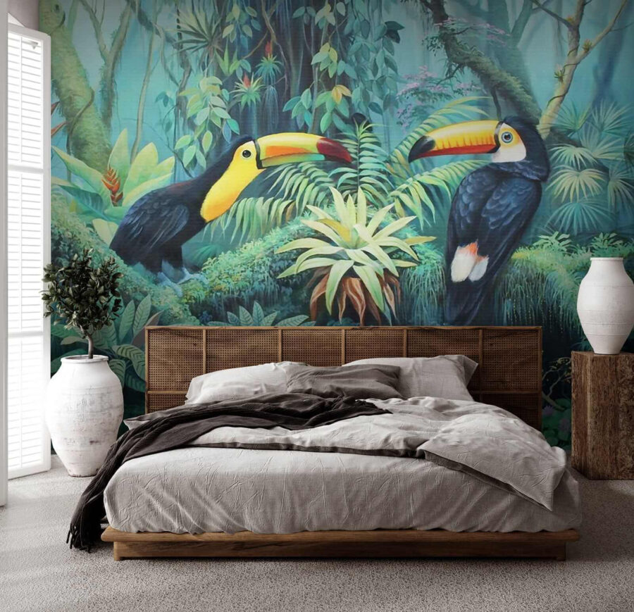 Painting of birds in a forest