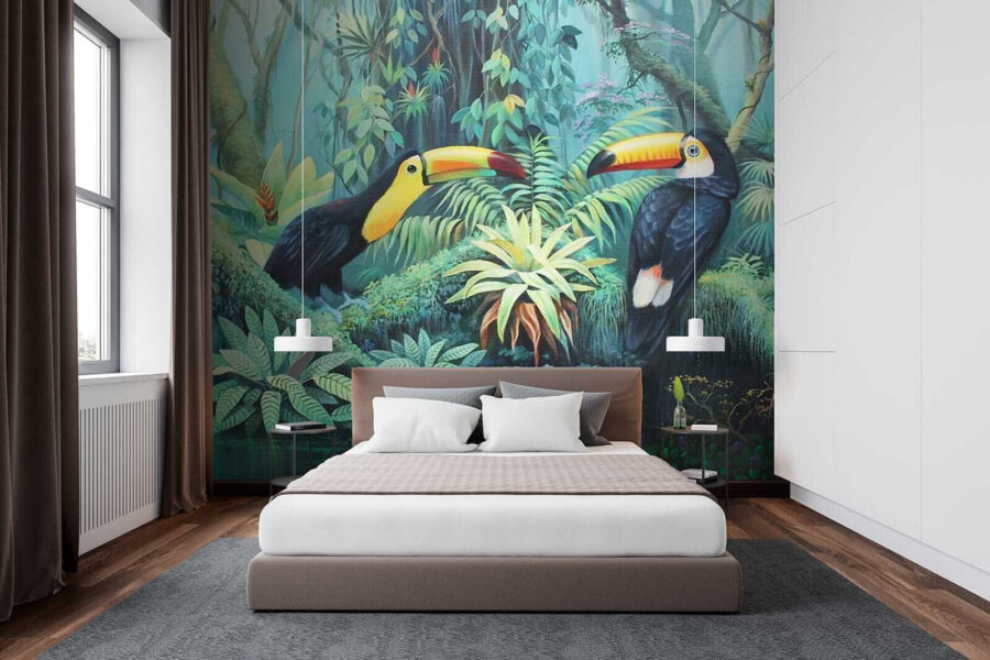 Painting of birds in a forest