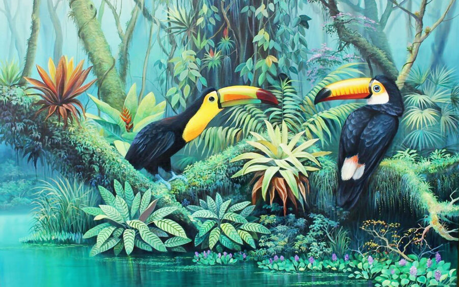Painting of birds in a forest Painting of birds in a forest