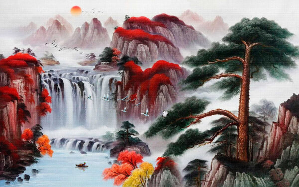 Painting of a waterfall and trees Painting of a waterfall and trees