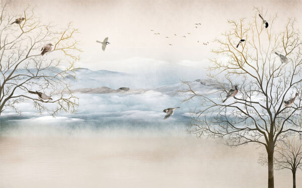 Birds flying over a snowy landscape Birds flying over a snowy landscape