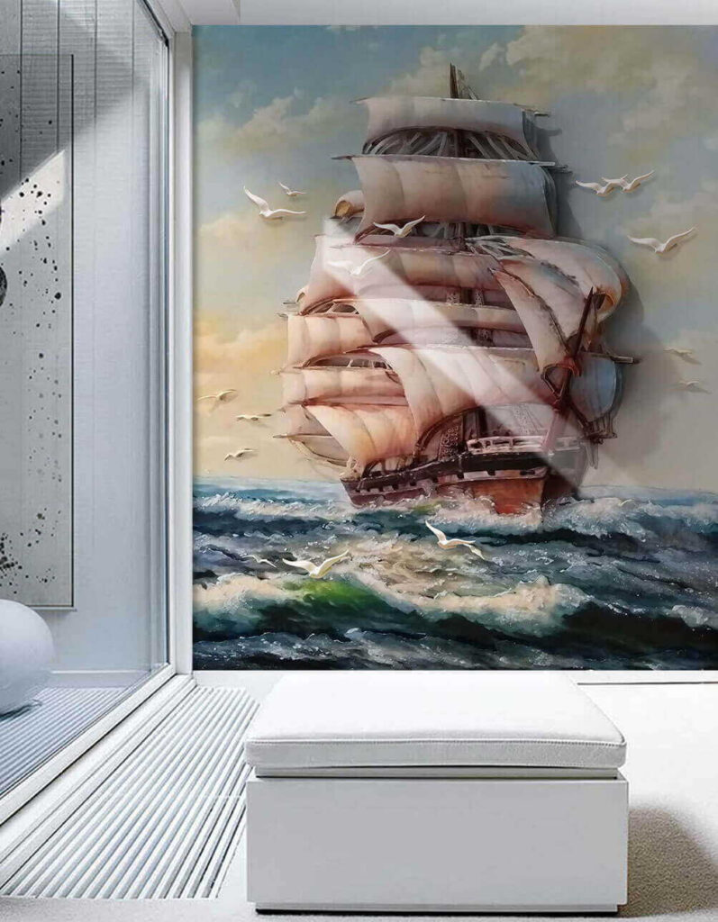 Painting of a ship with sails and birds flying Painting of a ship with sails and birds flying