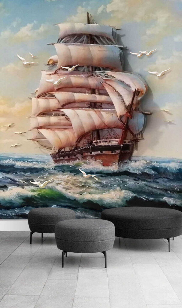 Painting of a ship with sails and birds flying Painting of a ship with sails and birds flying