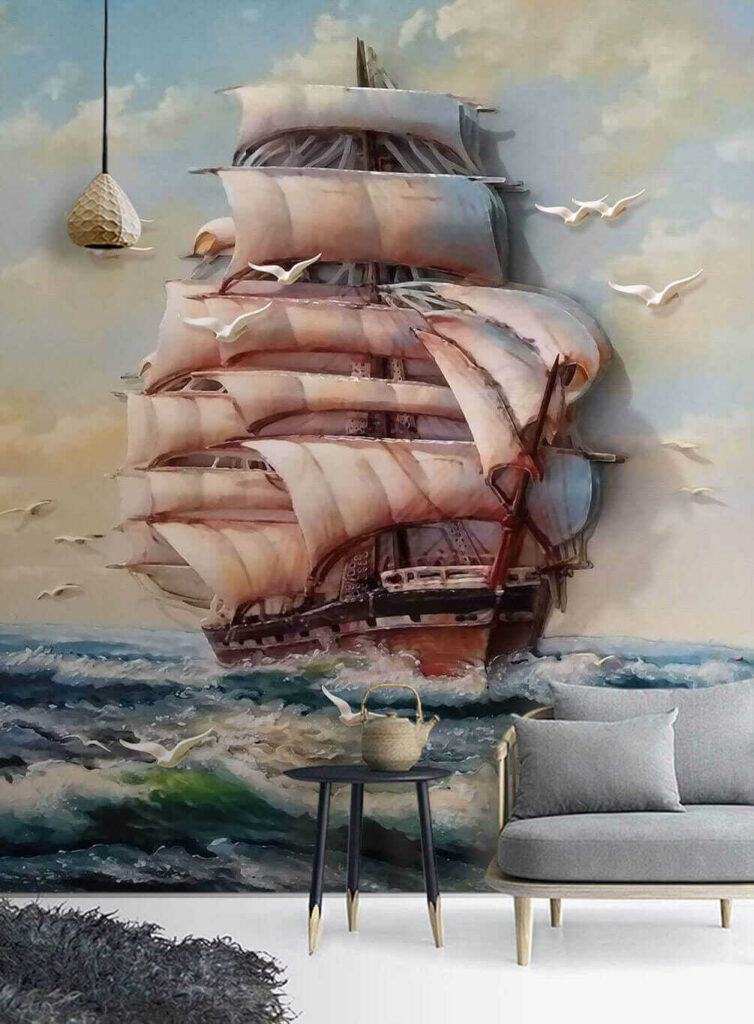 Painting of a ship with sails and birds flying Painting of a ship with sails and birds flying