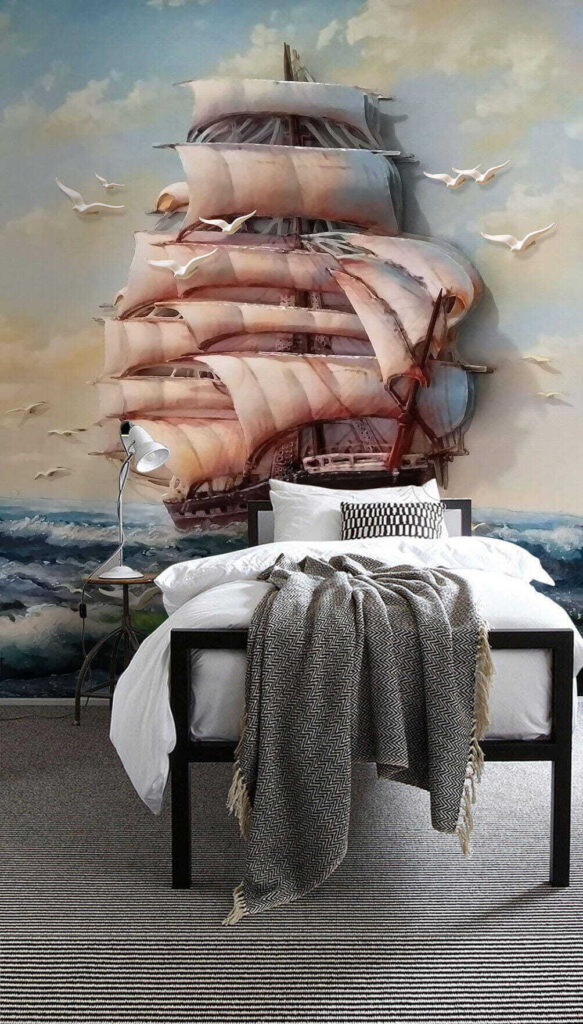 Painting of a ship with sails and birds flying Painting of a ship with sails and birds flying