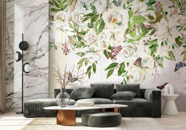 Painting of white flowers and butterflies u33223pig2 600x420 - Painting of white flowers and butterflies - tegory