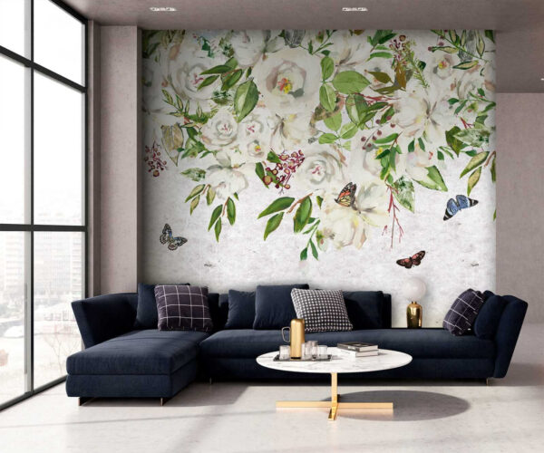 Painting of white flowers and butterflies u33223pig1 600x500 - Painting of white flowers and butterflies - tegory