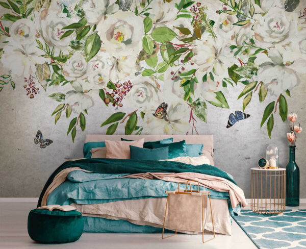 Painting of white flowers and butterflies u33223pib2 600x488 - Painting of white flowers and butterflies - tegory