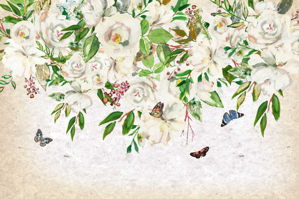 Painting of white flowers and butterflies u33223p 1024x683 - Painting of white flowers and butterflies - tegory
