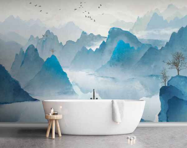Watercolor painting of mountains and birds Watercolor painting of mountains and birds