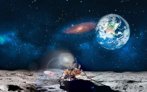 Moon with a planet and stars and a planet in the background Moon with a planet and stars and a planet in the background