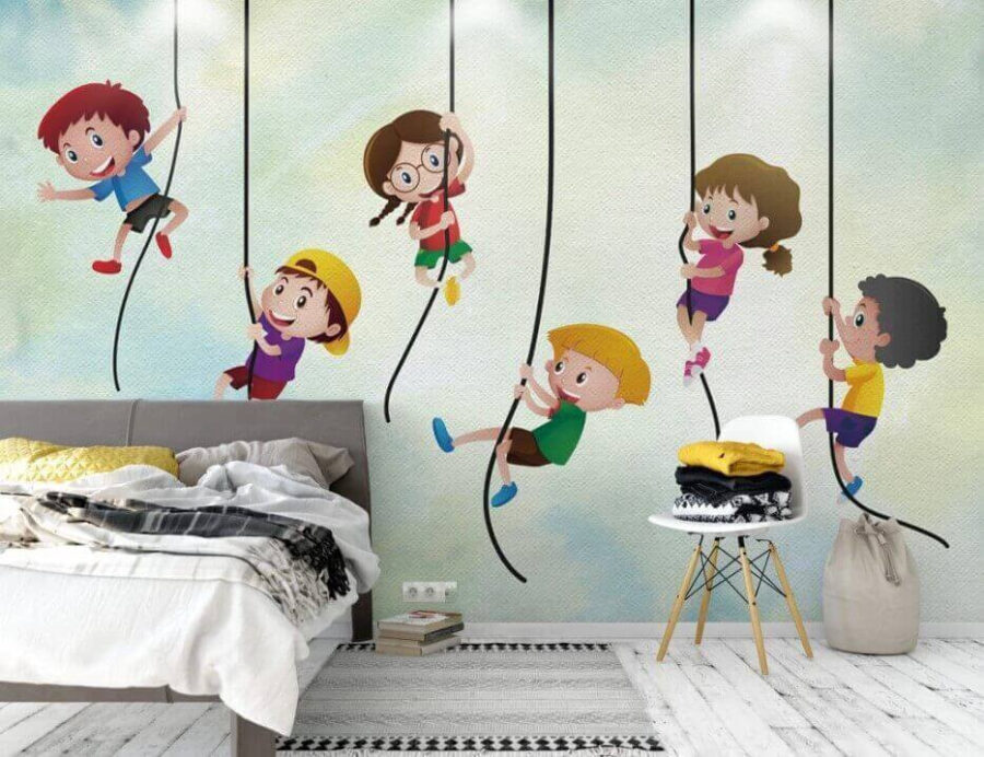 Wall murals Group of kids climbing on ropes