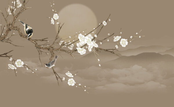Tree branch with white flowers and a bird on it Tree branch with white flowers and a bird on it
