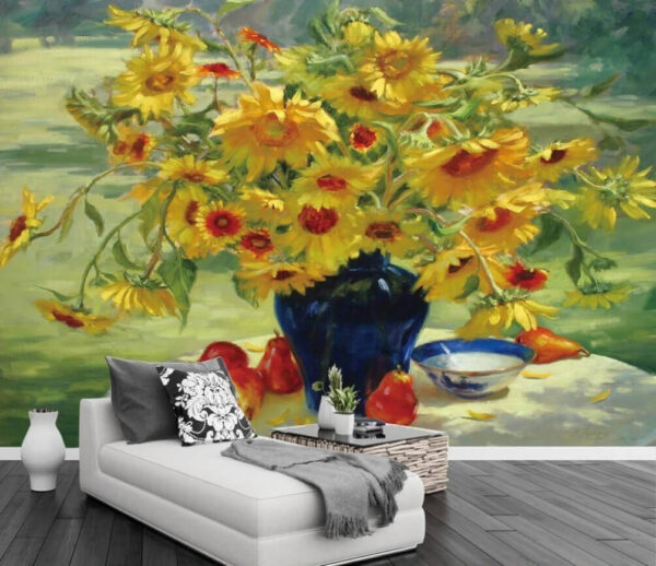 Painting of a vase of yellow flowers and fruit u30881pig1m 600x518 - Painting of a vase of yellow flowers and fruit - tegory