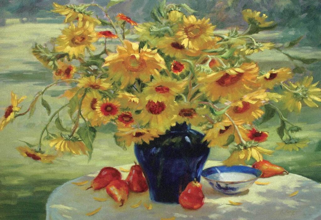 Painting of a vase of yellow flowers and fruit u30881p 1024x702 - Painting of a vase of yellow flowers and fruit - tegory