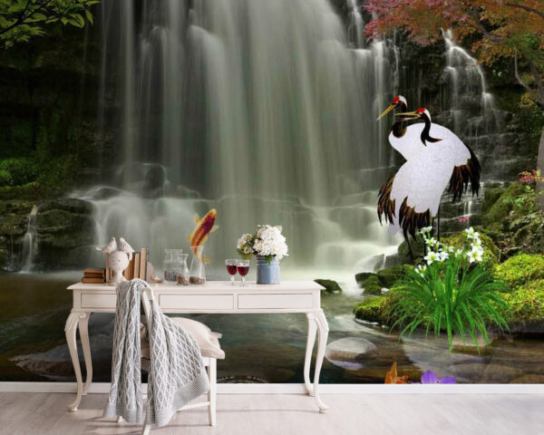 Waterfall with birds and fish