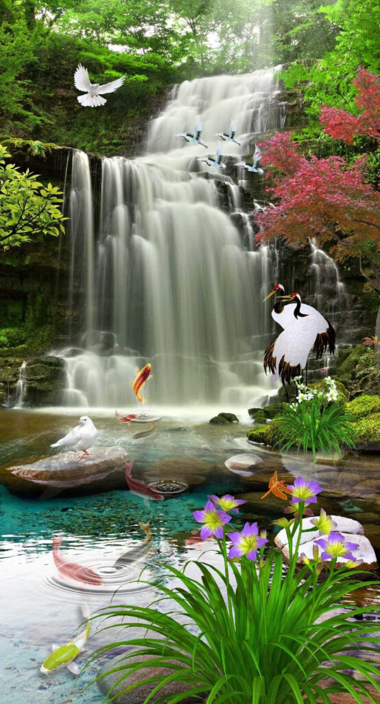 Waterfall with birds and fish u30626p 554x1024 - Waterfall with birds and fish - tegory