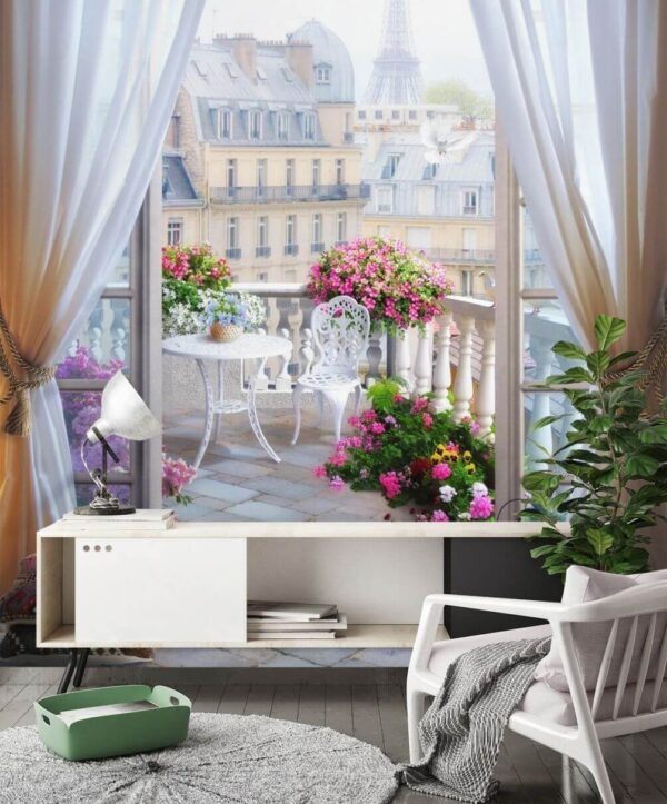 View of a balcony with a view of the eiffel tower from the window